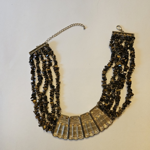 Tiger Eye Chip Stone and Gold Tone Necklace - Picture 2 of 3